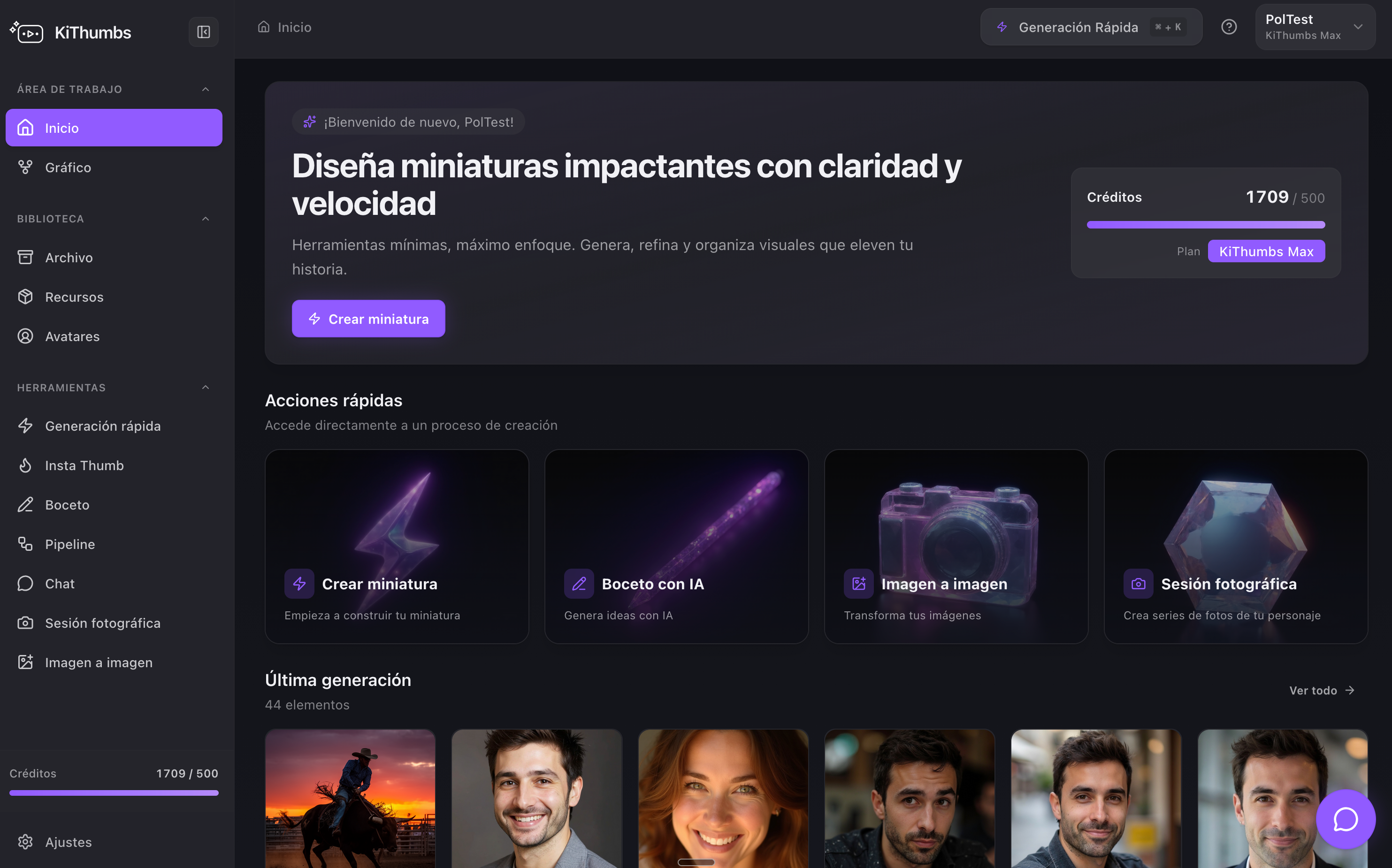 Panel de KiThumbs con rendimiento de miniaturas de YouTube y CTR por vídeo